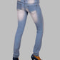 Light blue jeans worn by a person on a gray background