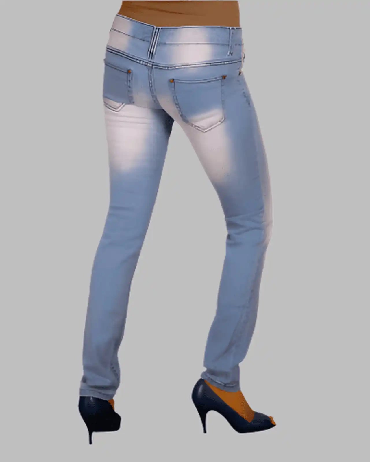 Light blue jeans worn by a person on a gray background