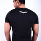 Man wearing a black t-shirt with a white logo on the back against a white background