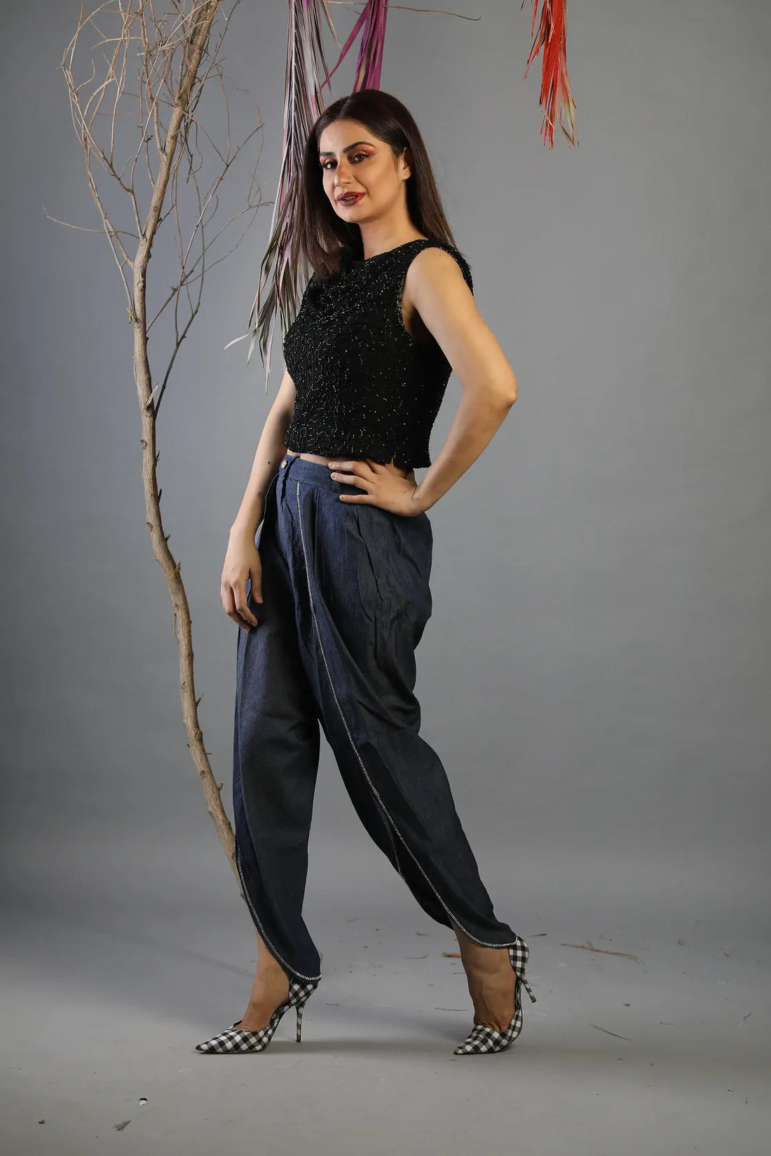 Denim Harem Pants with crystallized edging