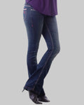 Person wearing blue jeans and a purple top on a gray background