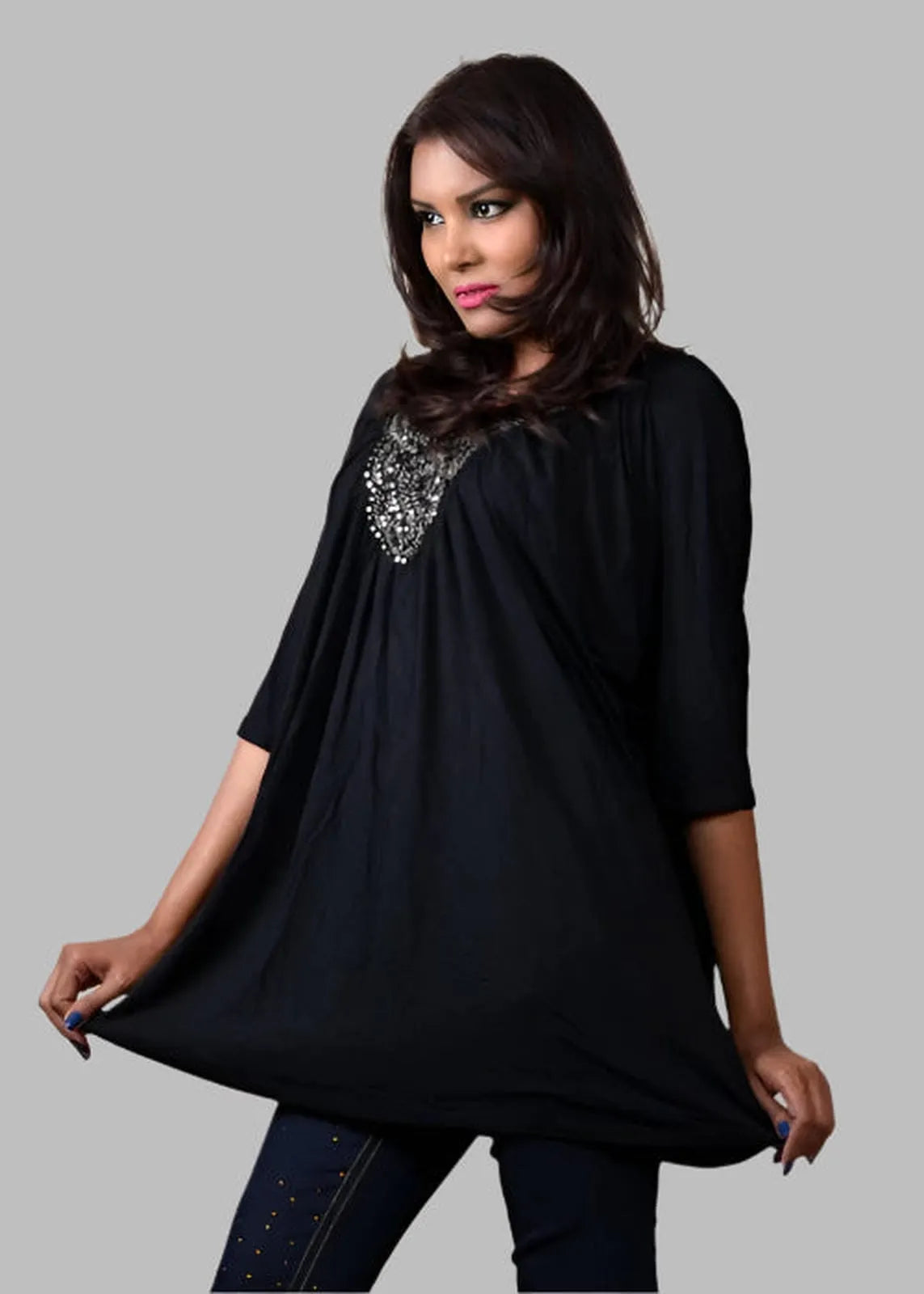 Baby Doll Knit Top With Embellishment