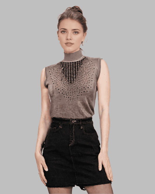 Beige sleeveless turtle neck sweater with embellishment