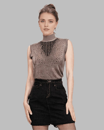 Beige sleeveless turtle neck sweater with embellishment
