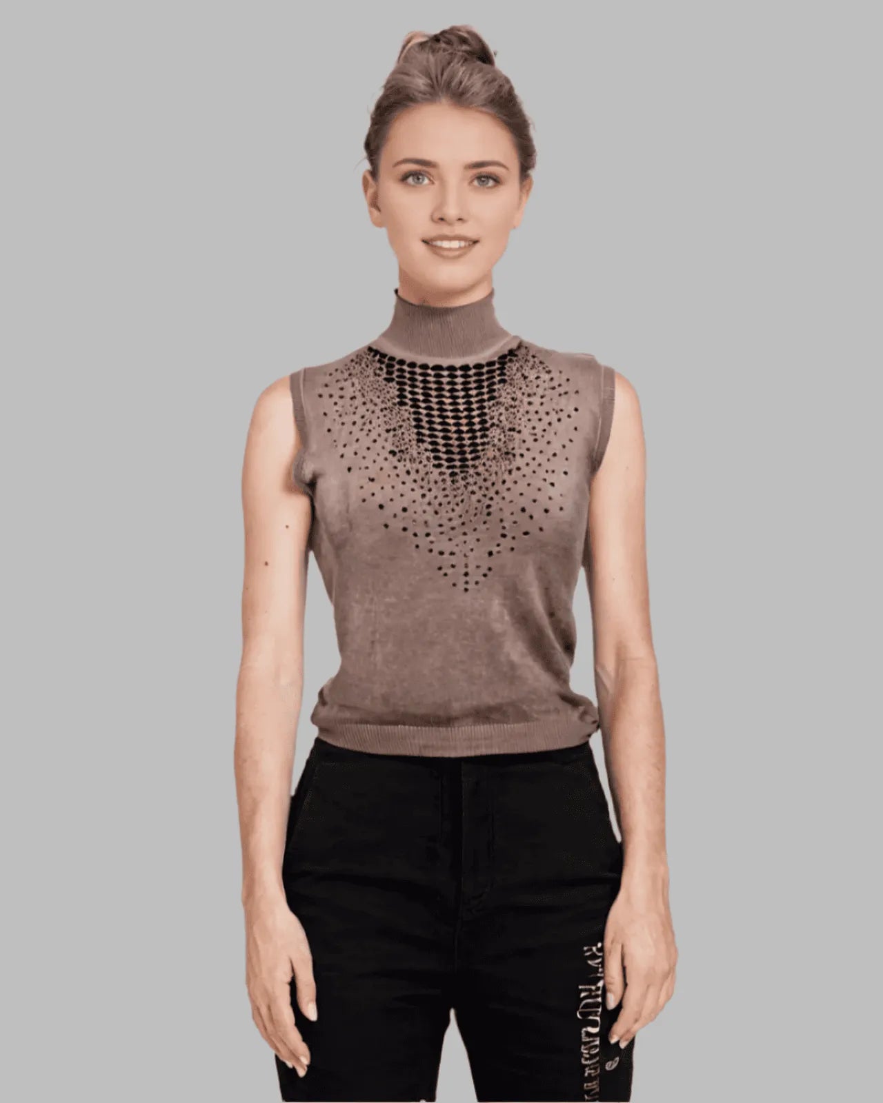 Beige sleeveless turtle neck sweater with embellishment