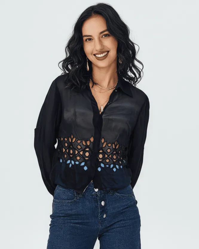 Black Georgette Shirt with Cutwork