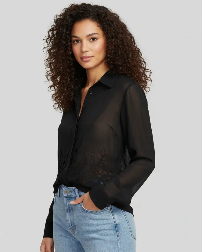 Black Georgette Shirt with Cutwork
