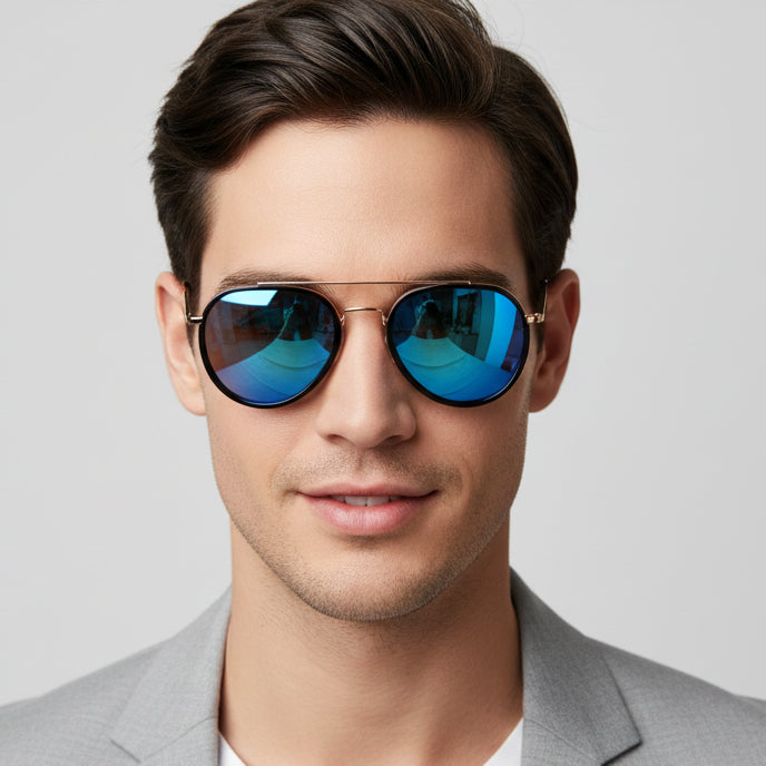 Man wearing sunglasses and a blue shirt leaning against a brick wall.
