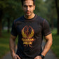 Man wearing a black t-shirt with a logo in an outdoor setting