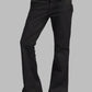 Black bell-bottom pants with a pink waistband on a gray background