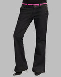 Black bell-bottom pants with a pink waistband on a gray background