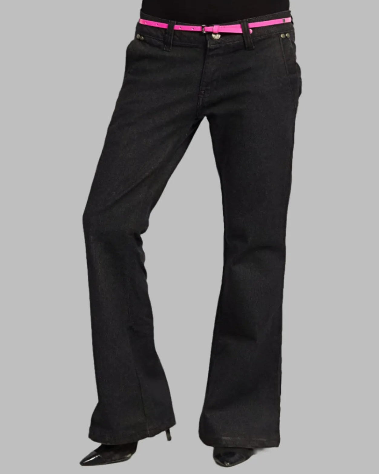 Black bell-bottom pants with a pink waistband on a gray background