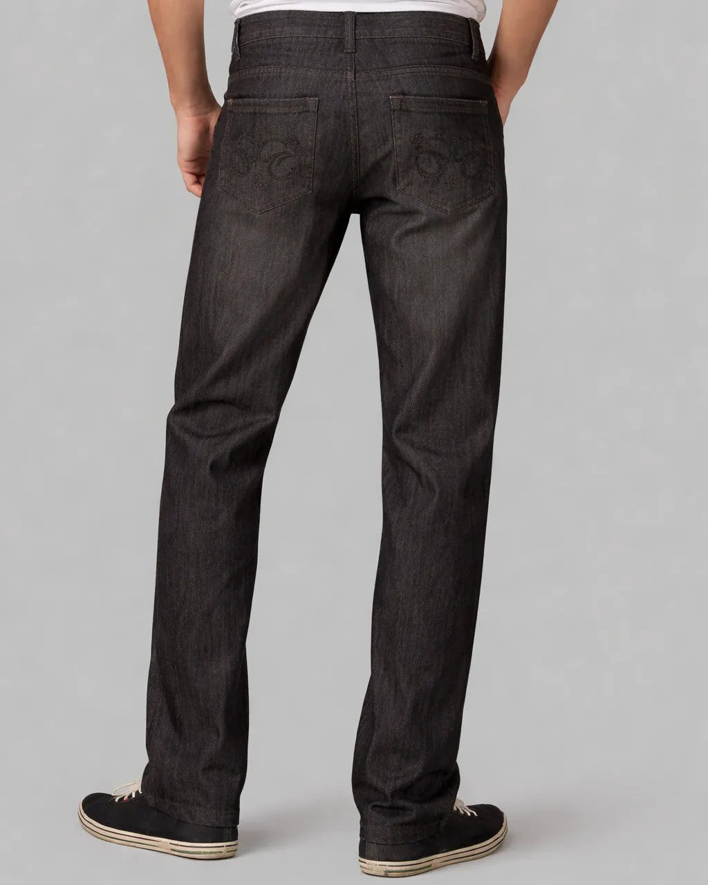 Black Straight Leg Raw Denim Jeans With Leather Trims