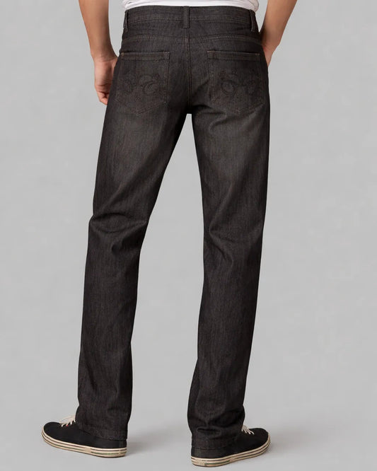 Black Straight Leg Raw Denim Jeans With Leather Trims