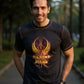 Man wearing a black t-shirt with a colorful logo outdoors