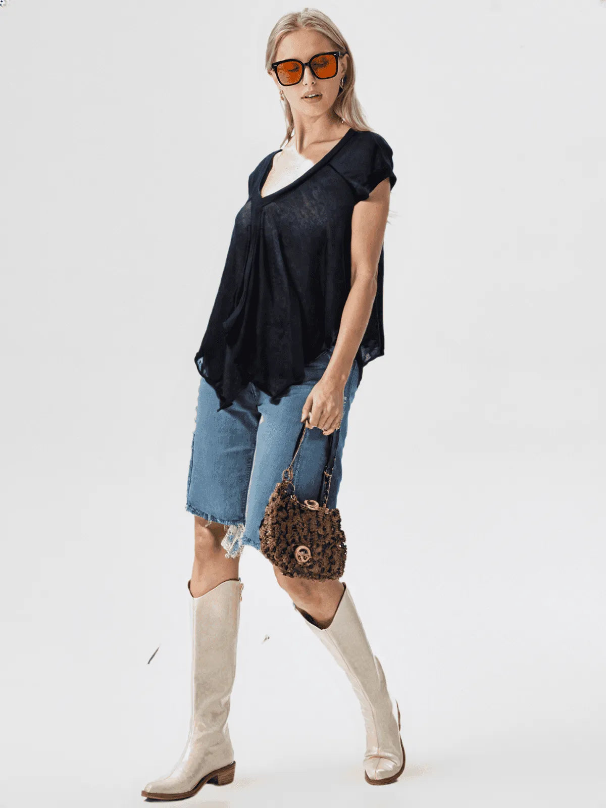 Black diagonal cut sweater knit top