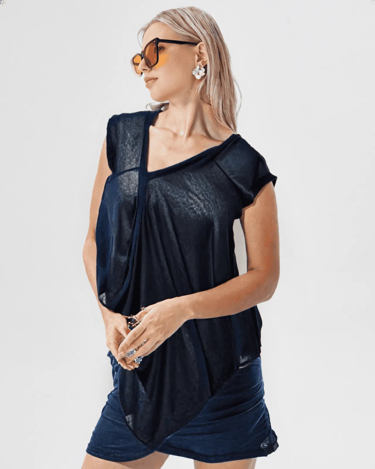 Black diagonal cut sweater knit top