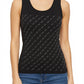Woman wearing a black tank top with a subtle pattern and blue jeans on a white background