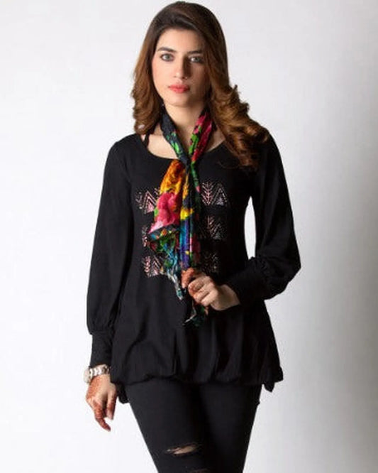 Black long-sleeve women's long-Top with Hot Fix-Rhinestones