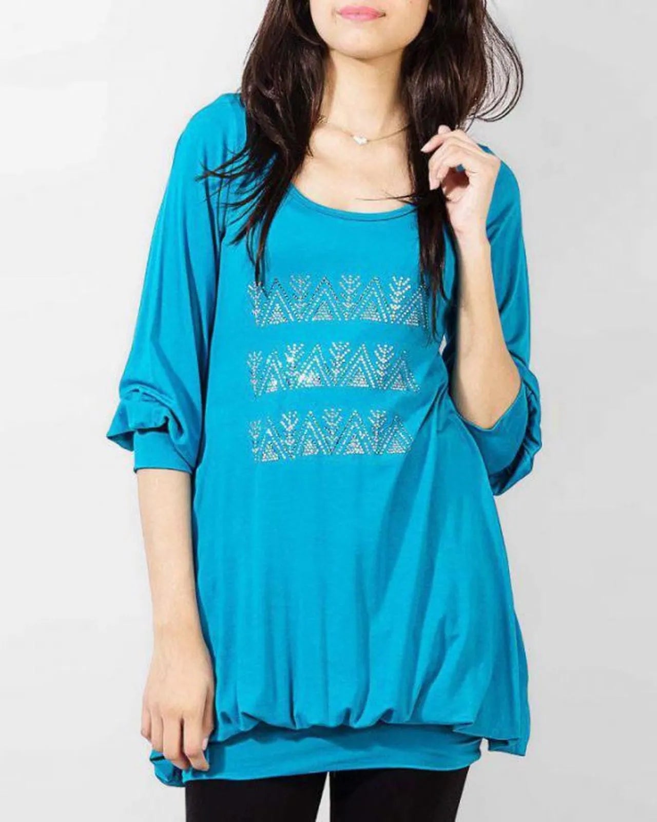 Black long-sleeve women's long-Top with Hot Fix-Rhinestones