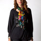 Black long-sleeve women's long-Top with Hot Fix-Rhinestones