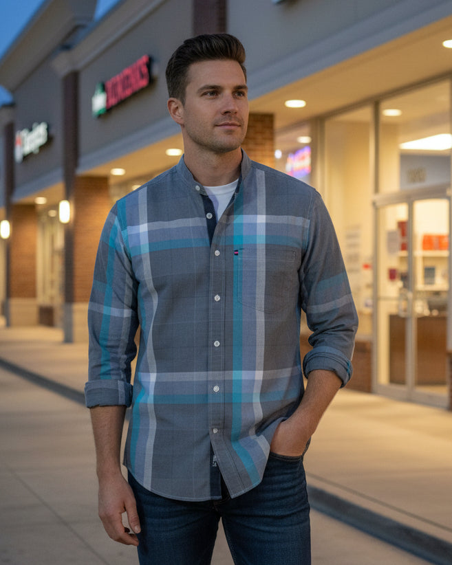 A men's long-sleeve button-up shirt with a gray, blue, and white plaid pattern, 