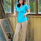 Blue knitted short sleeve fashion cross over top