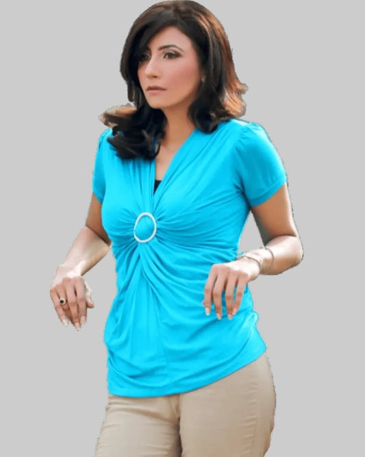 Blue knitted short sleeve fashion cross over top