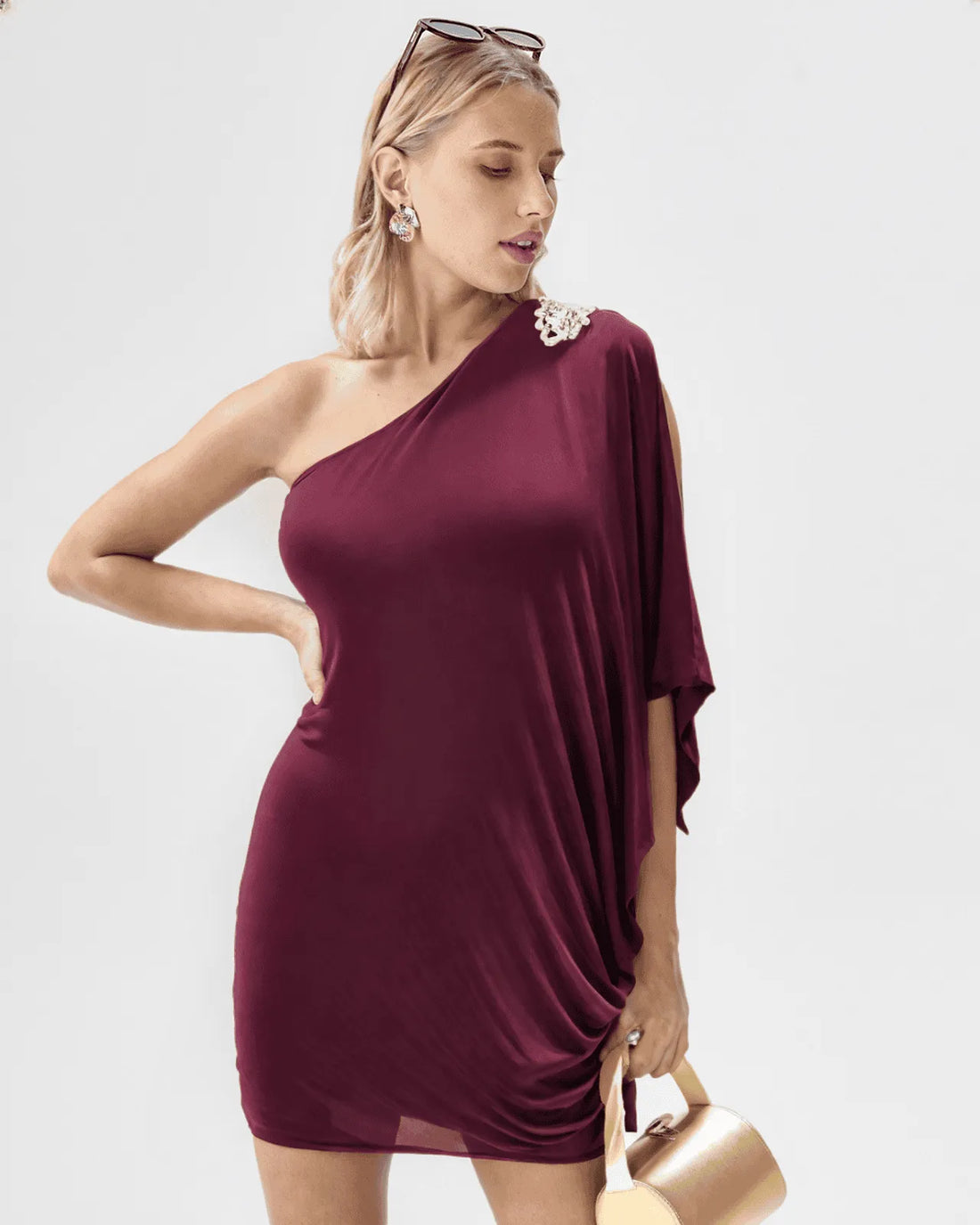 Burgundy Off-Shoulder Top with Crystal-Embellishment