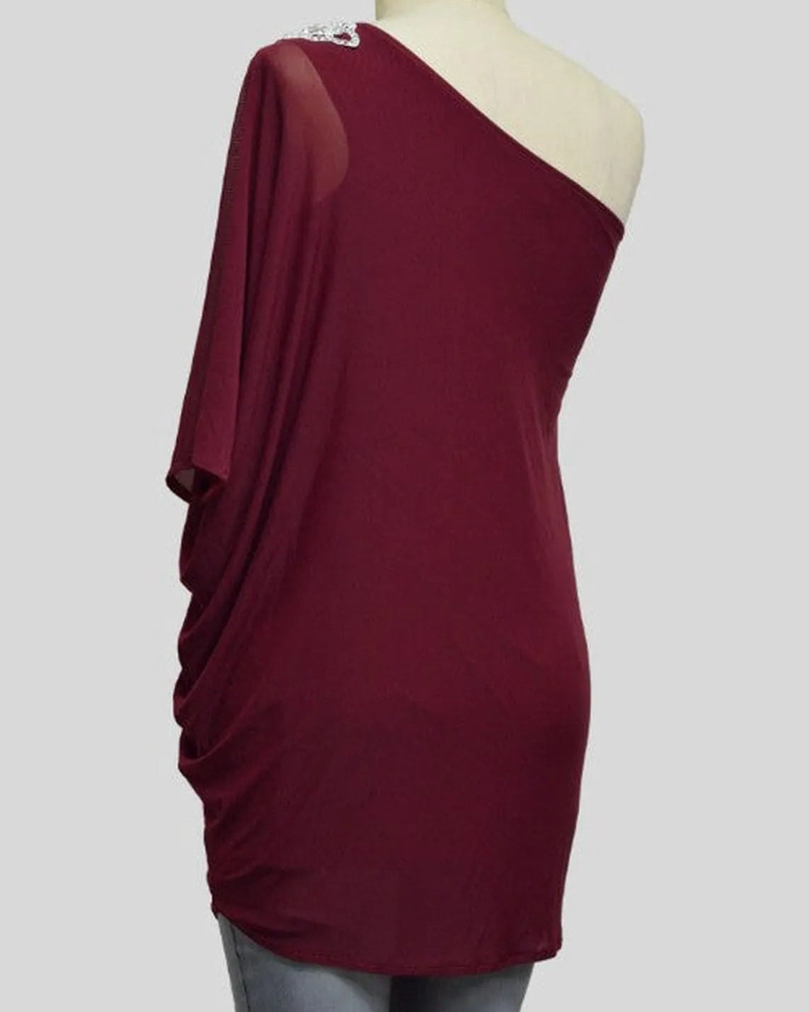 Burgundy Off-Shoulder Top with Crystal-Embellishment