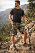 Man in hiking attire with a trekking pole on a mountain trail