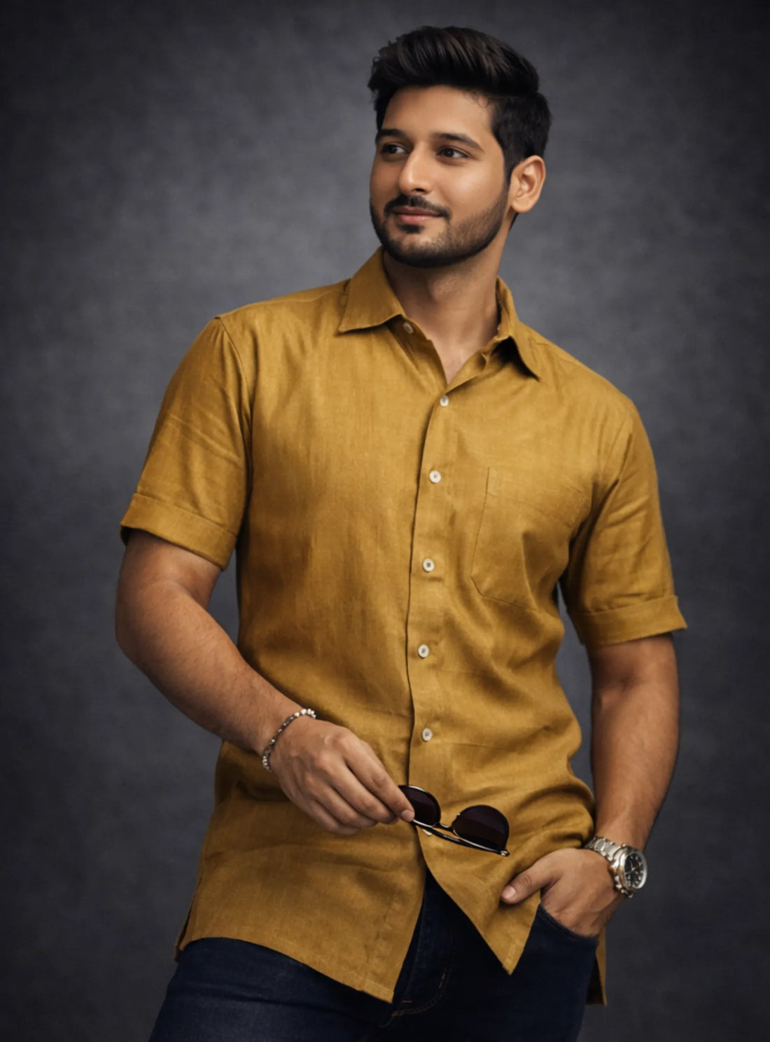 Man wearing a mustard yellow shirt with a dark background