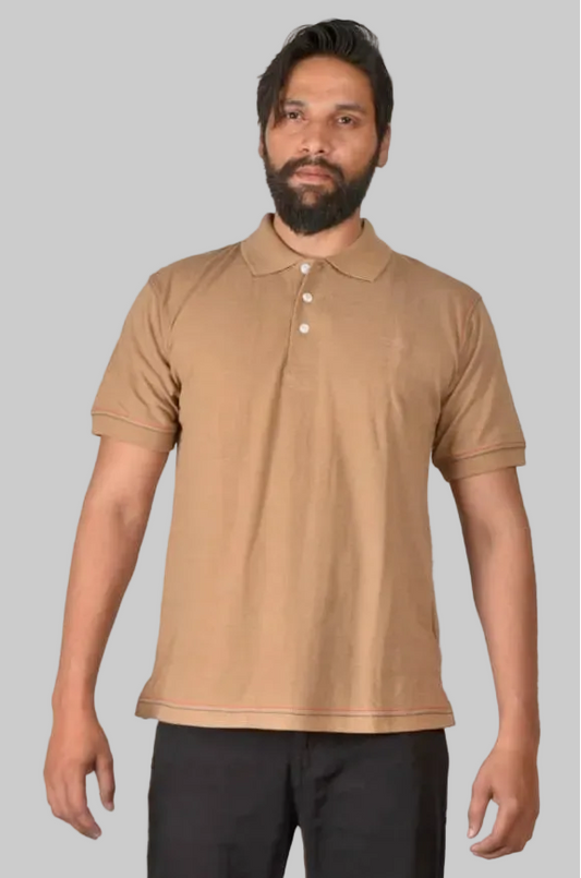 Man wearing a beige polo shirt on a white background