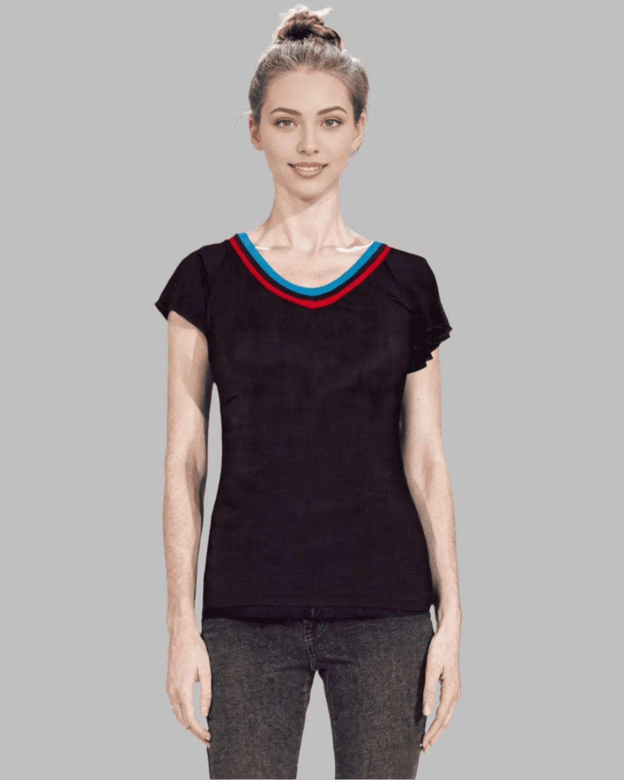 Cap sleeve knit top with two color piping around neck