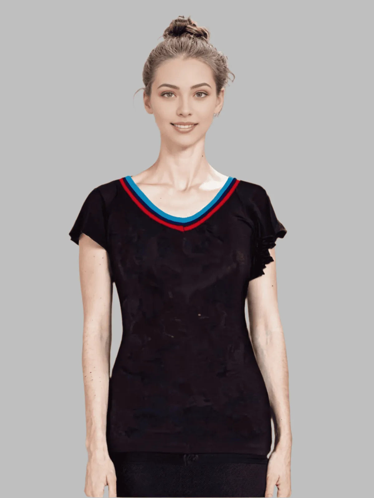 Cap sleeve knit top with two color piping around neck