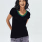 Cap sleeve knit top with two color piping around neck