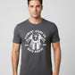 Gray t-shirt with white graphic and text on a mannequin