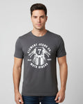 Gray t-shirt with white graphic and text on a mannequin