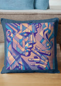 Decorative pillow with abstract face design on a couch