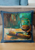 Decorative pillow with a painting of a glass of wine on a wooden table.