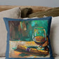 Decorative pillow with a painting of a glass of red wine on a couch.