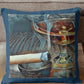Decorative pillow with a painting of a cocktail and a cigar on a couch.