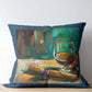 Decorative pillow with a painting of a glass and a cigar on a wooden surface.