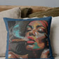 Decorative pillow with a colorful face design on a couch.
