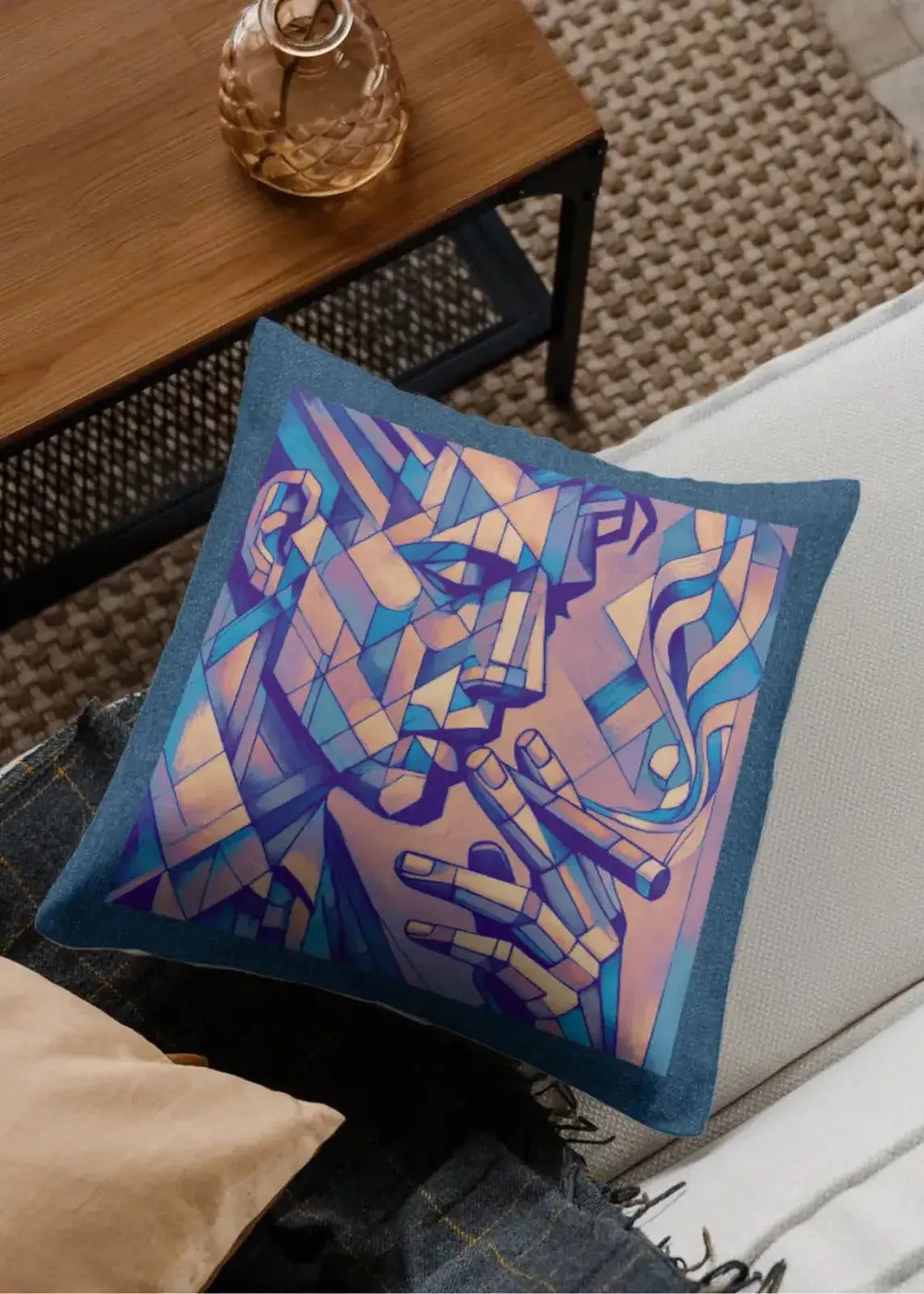 Decorative pillow with geometric pattern on a couch