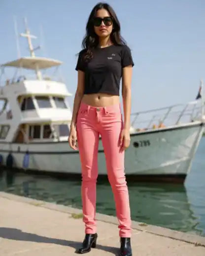 Woman wearing pink jeans and black top on a boat with water and sky in the background