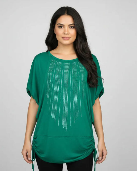 Crystal Hotfix Rhinestone-Embellished Green Top with Waist Drawstring