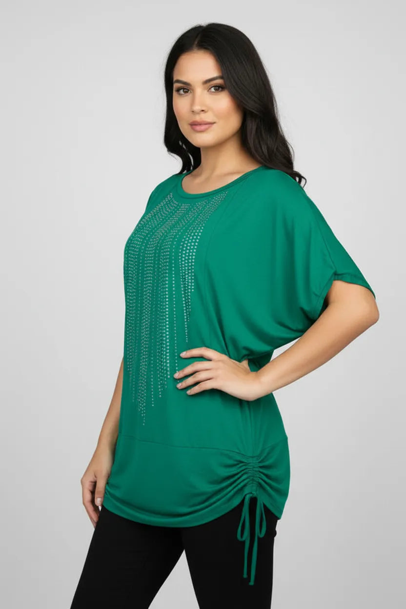 Crystal Hotfix Rhinestone-Embellished Green Top with Waist Drawstring