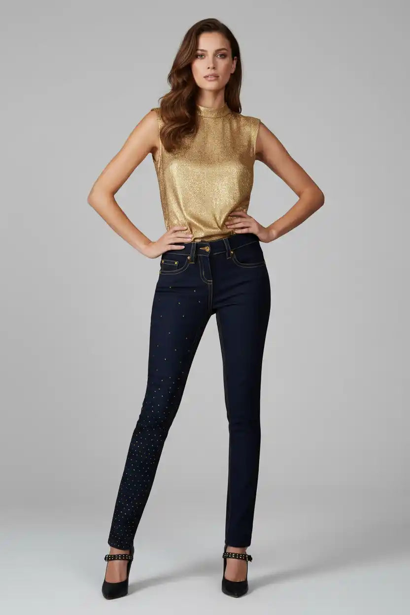 Woman wearing a gold top and dark jeans on a gray background