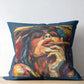 Decorative pillow with a colorful portrait of a person smoking on a wooden surface.